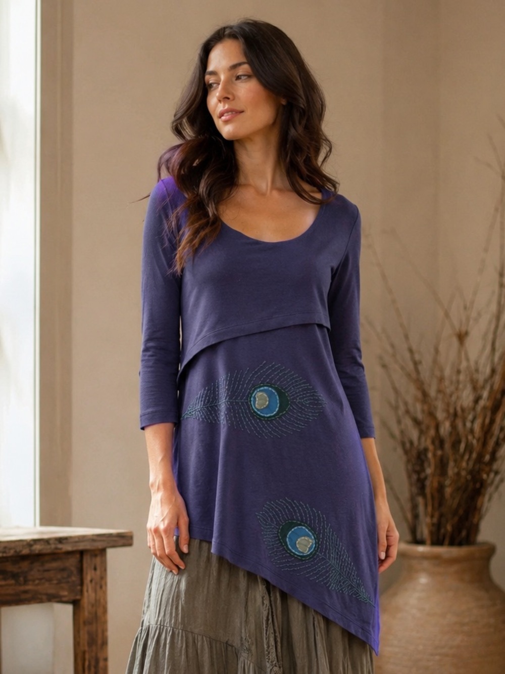 Vintage Synergy Organic Bamboo Peacock Embroidered Tunic Top M Boho